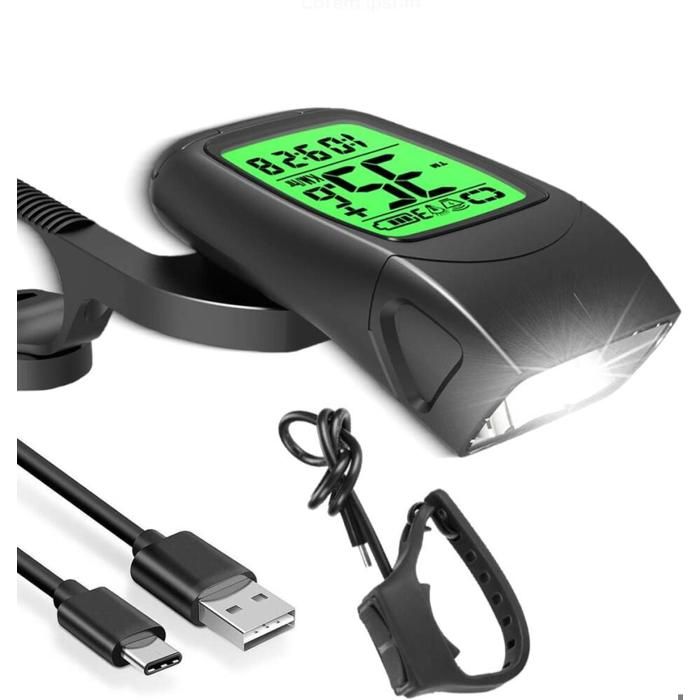 Compteur Velo sans Fil et Lumiere Velo et Corne de vélo étanche ipx5 Clignotant vélo Sonnette Rechargeable 4 Modes
