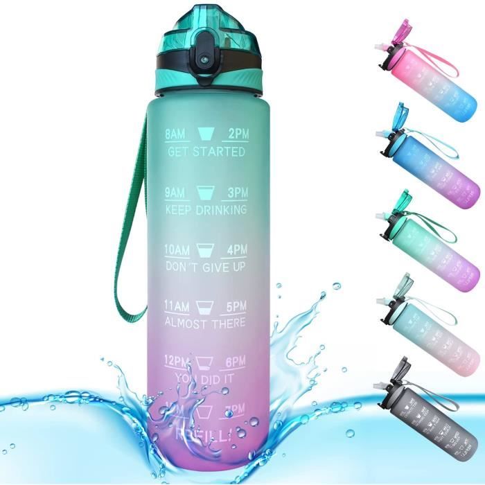 1 Litre Gourde Sport, Bouteille d'eau Avec Paille, Bouteille d'Eau Motivante avec Marquages de Temps pour Sport, Gym, Bureau, Course à pied, Sans BPA (Orange Vert