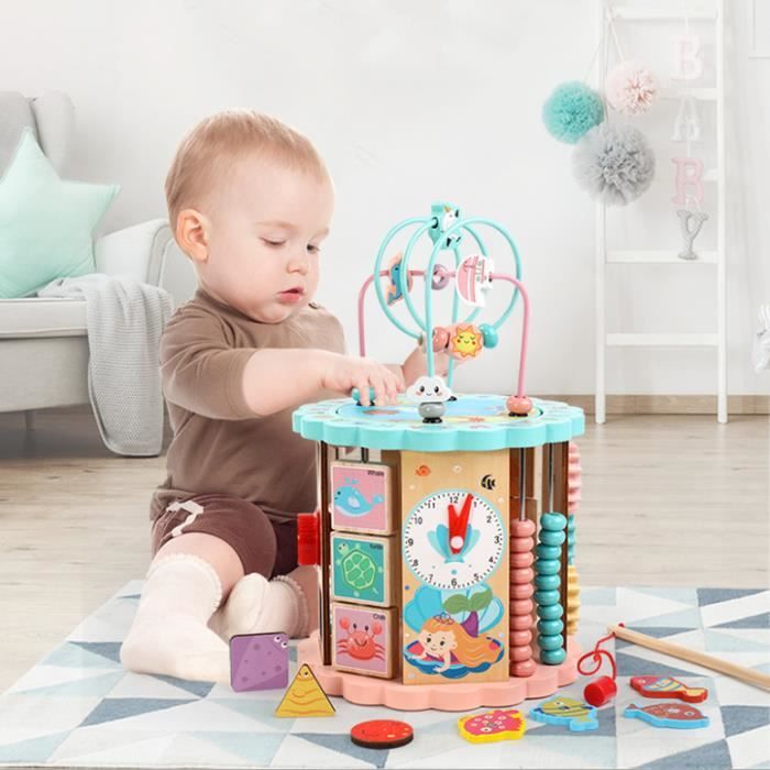 8 en 1 Cube en Bois D’activité Perle D’Apprentissage Multifonction, Centre  d'Activités Jeu d’éveil Premier Âge Jouet Educatif Bébé