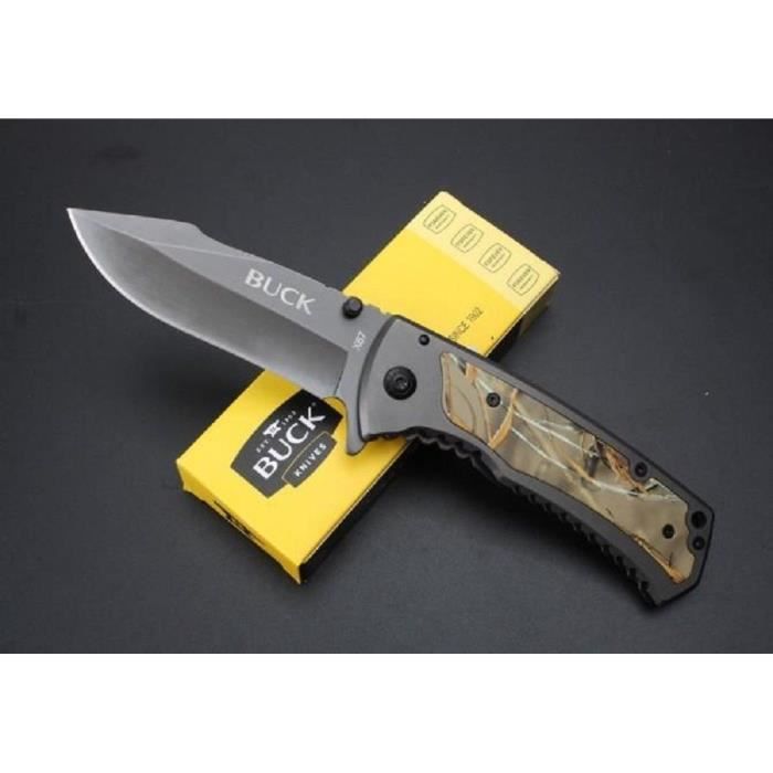 couteau camouflage pliant buck lame 9 cm manche acier 11 5 cm outdoor lapetitecaverne cdiscount sport