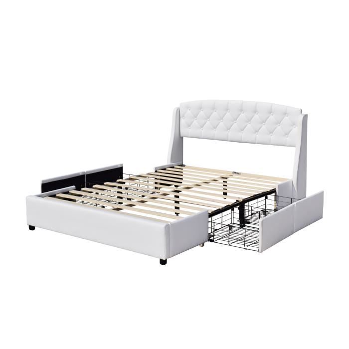 iris - Solide et Confortable Lit 140x200 avec Sommier avec 4 tiroirs Tete de lit Couleur BLANC Pieds en 4 cm