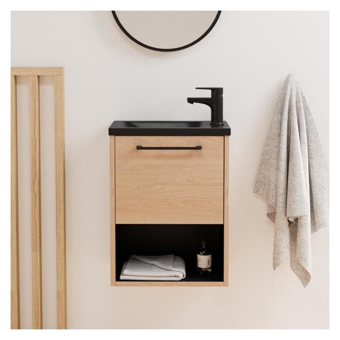 Meuble lave-mains décor chêne intérieur noir vasque noire NIKA avec robinet noir Bois Clair