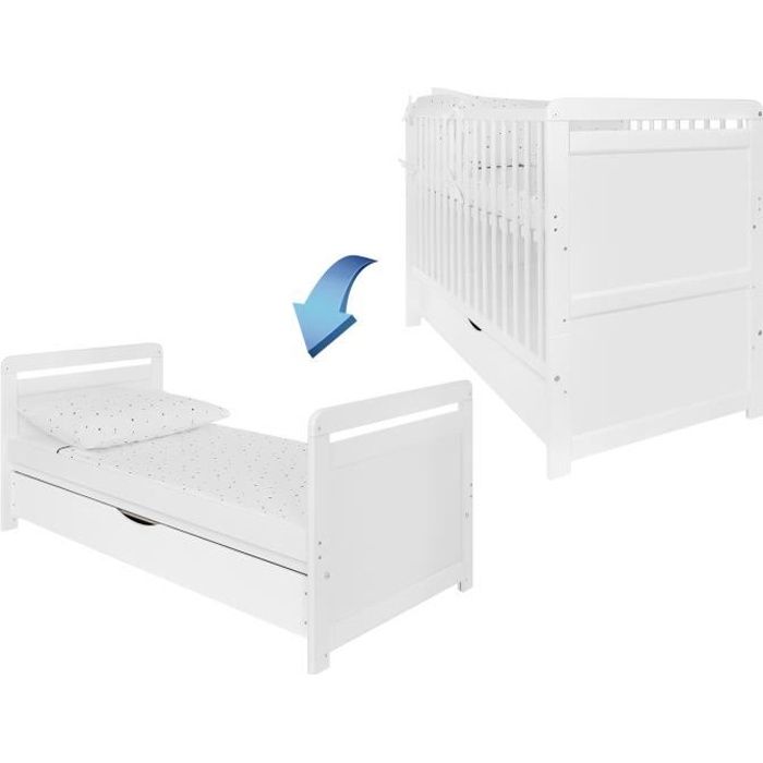 Lit Bebe 2 En 1 Lit A Barreaux Avec Matelas Hauteur Reglable Convertible En Lit Junior Tiroir Sous Lit 1 X 60 Cm Cdiscount Maison