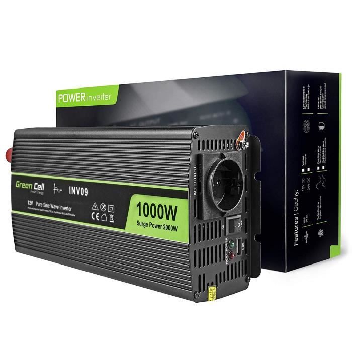 Green Cell® 1000W-2000W Pur Sinus Convertisseur de Tension DC 12V AC 230V Power Inverter sinusoïdale, Onduleur Transformateur ave