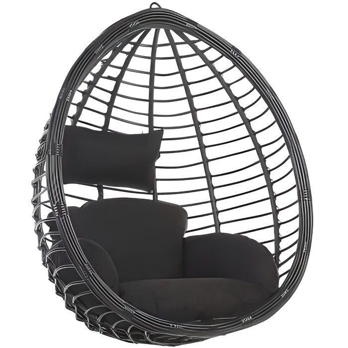 Fauteuil suspendu en rotin noir - Beliani - TOLLO - Intérieur/Extérieur - Coussin inclus