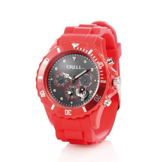 Montre Multifonction - CRELL - Look Chrono Rouge Brillant - Etanche 5 ATM - Silicone