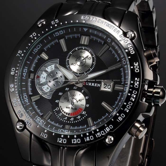curren montre homme à quartz date cadran noir militaire bracelet acier noir sport