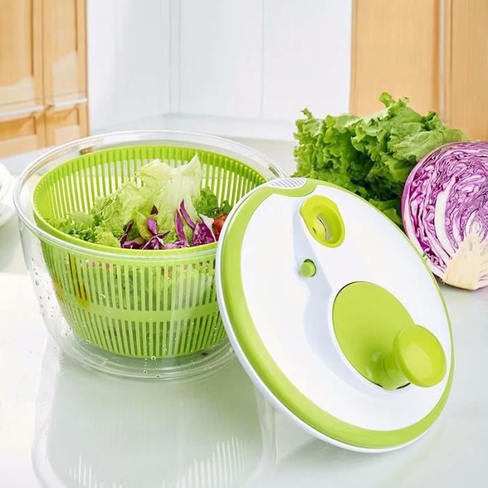 Essoreuse à Salade et Légumes Grande Capacité 5L - Essorage Efficace et Facile avec Nouveau Système de Poignée 2 en 1: Utilisable en Saladier Design Innovant avec Grille dEvacuation dEau 