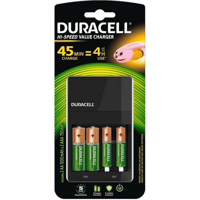 Duracell Chargeur de batterie ion speed ​​1000 (batteries incluses) aa/aaa  nickel metal hydride battery (paquet de 2+2)