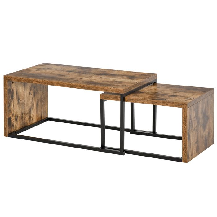 HOMCOM - Lot de 2 tables basses gigognes - Panneaux de partiucules - 90x48x42cm - Brun avec veinage Noir