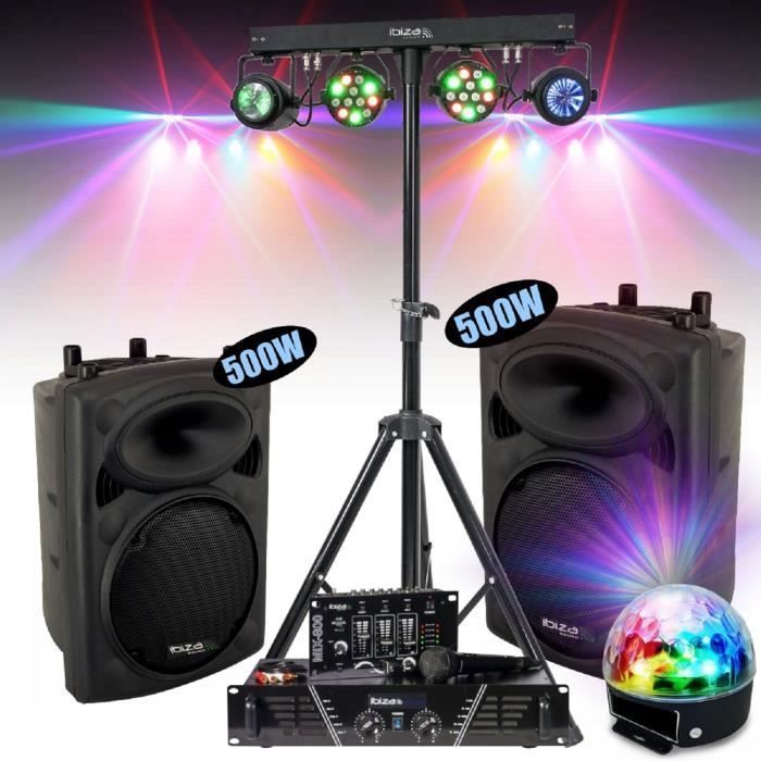 Pack Sono Ibiza DJ300MKII - Ampli - 480W - 2 Enceintes 500W Max - Micro - Table de Mixage - 5 Jeux de Lumière - Pied Support - DJ