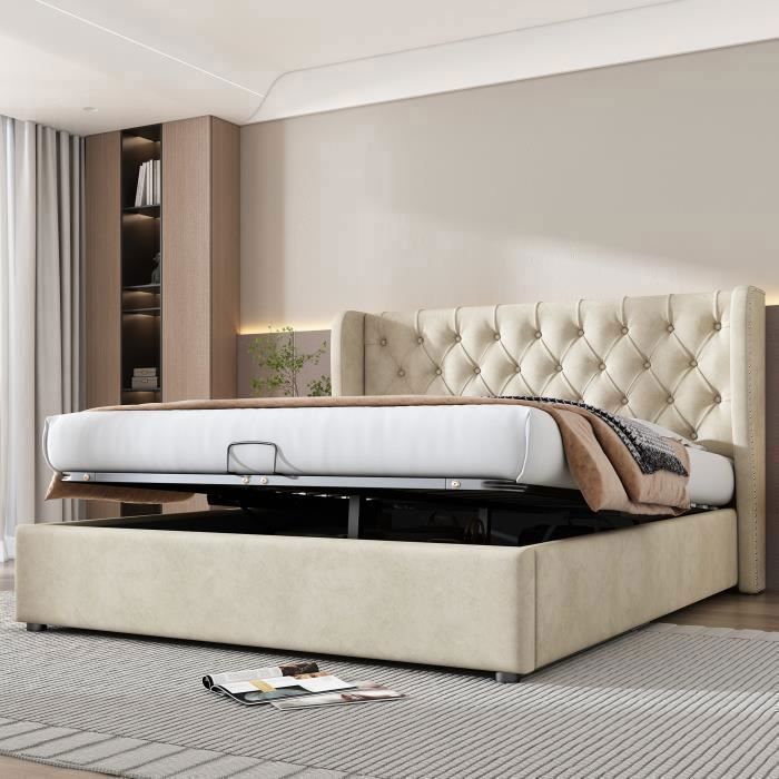 Lit coffre 140 x 200 cm lit adulte rembourré en velours décor avec rivets et boutons sommier à lattes beige Lit coffre 140 x 200 cm lit adulte rembourré en velours décor avec rivets et boutons sommier à lattes beige