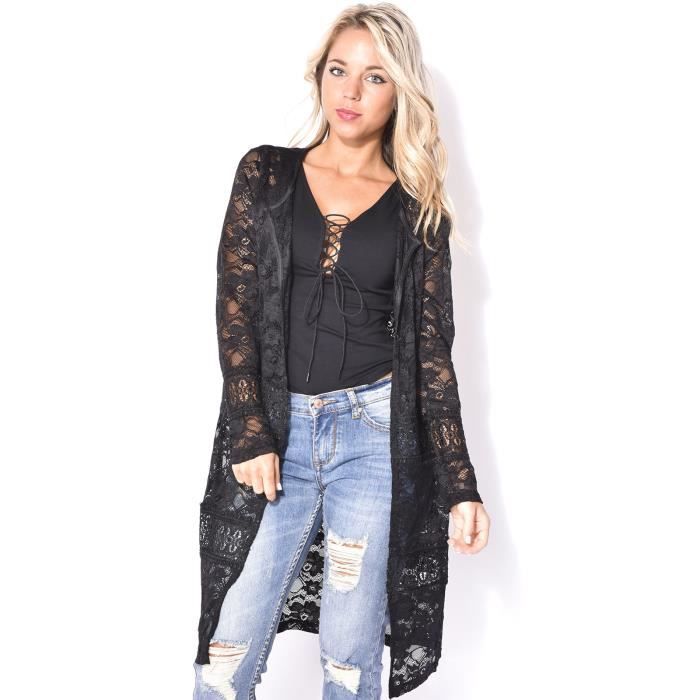 gilet long dentelle noir