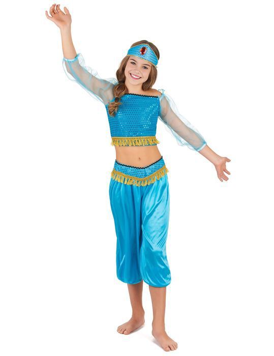 Deguisement Danseuse Orientale Jasmine Fille Disney Aladdin Bleu et Or Tailles S M L