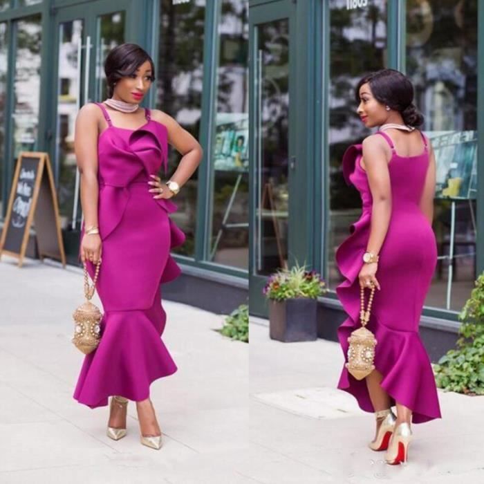 Robes de bal Spaghetti africain Fushia Satin sir ne robes de soir e volants grande taille sir ne robe de soir e formelle