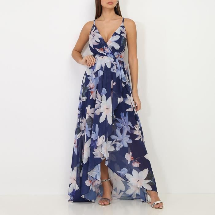 robe longue bleu marine fendue asymétrique à fleurs