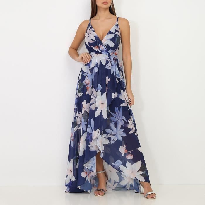 Robe longue bleu marine fendue asymétrique à fleurs