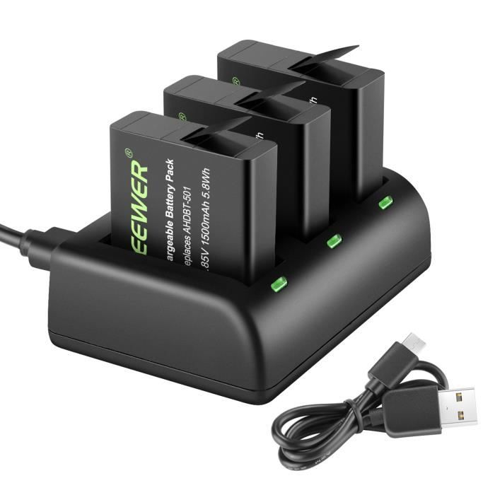 Neewer 3-Pack Chargeur de Batterie Kit Compatible avec GoPro Hero 8/Hero 7/Hero 6/Hero 5 Black/Hero (2018) 1500mAh AHDBT-501 Piles d