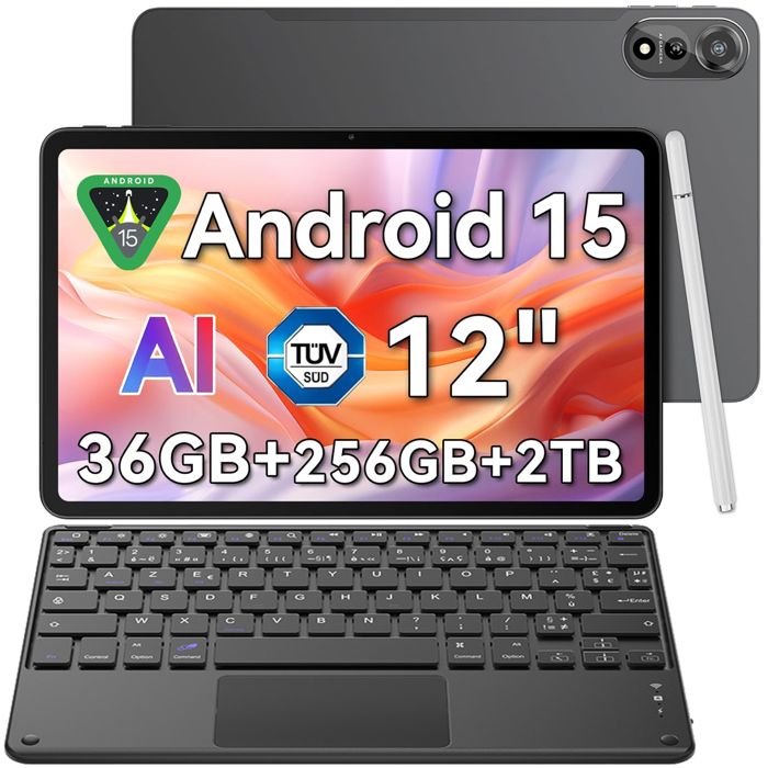 Blackview x Gemini AI 2.0 MEGA 2 WiFi Tablette 12 90Hz 36Go+256Go/SD 2 ToAndroid 15 WiFi 6 9000mAh Gris Avec Clavier K1