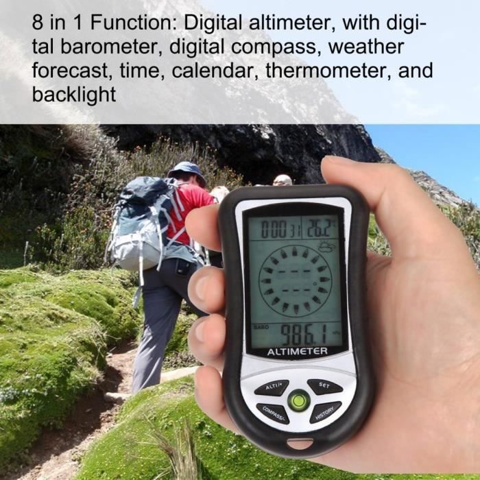 Altimètre Numérique 8 En 1 LCD Rétroéclairé - Altitude, Boussole, Température, Météo, Horloge