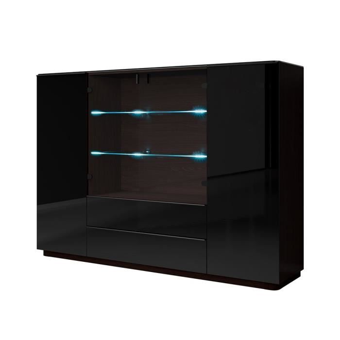 Buffet haut TONGA quatre portes et deux tiroirs. Couleur Wengé. LED incluses. Style design. 44 Marron