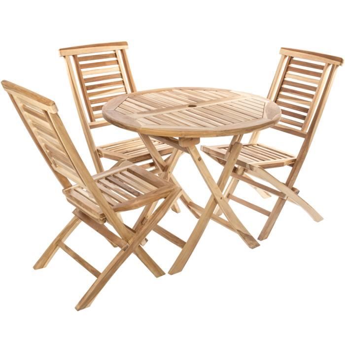 PrimeMatik Table ronde 90 cm et 3 chaises pour jardin d'extérieur en bois de teck certifié
