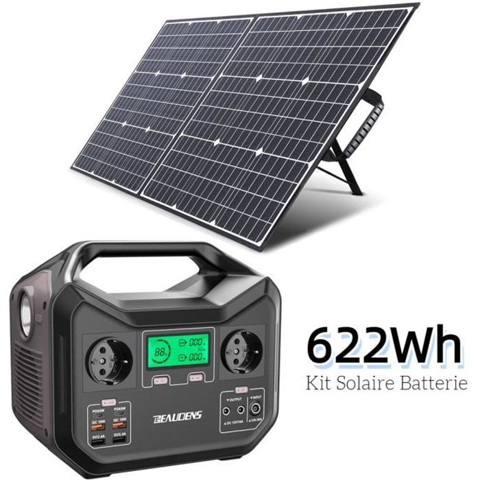 BEAUDENS Groupe Électrogène Portable 600W(1200W Pic) avec 100W Panneau Solaire Kit 28800mAh Banque de Puissance Charge Solaire
