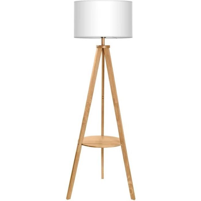 tomons lampadaire trépied en bois, avec tablette et ampoule e27 8w, abat-jour en tissu blanc, style scandinave