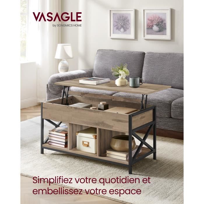 Table Basse Relevable avec Rangement Caché et Compartiments Ouverts 50 x 100 x (465-62) cm Marron Camel et Noir
