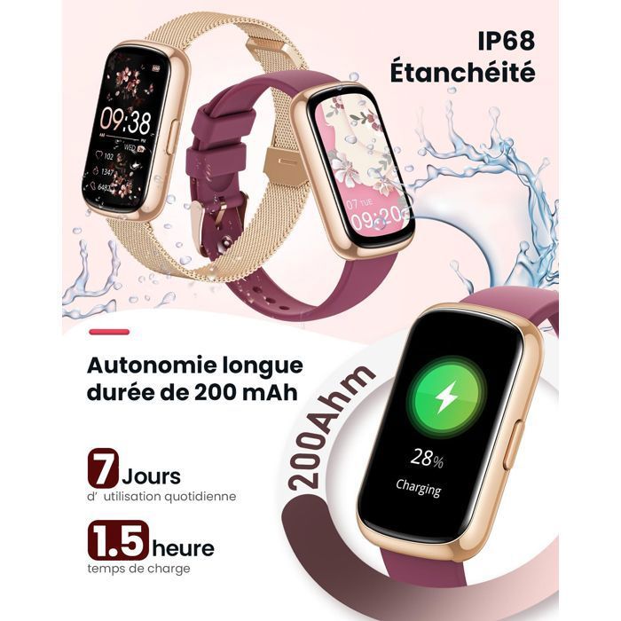 Montre Connectée Femme,Écran Tactile Hd De 1,3 Pouces Étanche Ip68,Avec