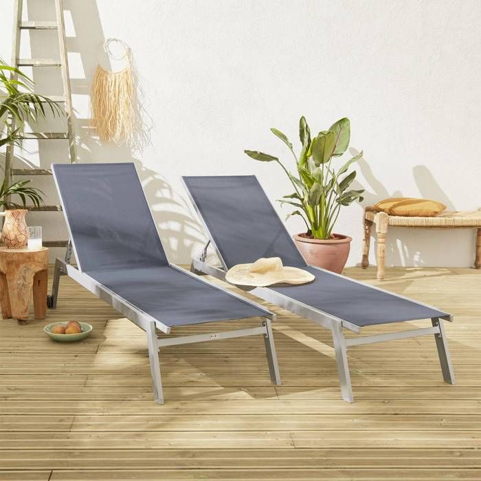 Transats Elsa - Lot De 2 Chaises Longues Extérieur Avec Roulettes - Aluminium Et Textilène Gris