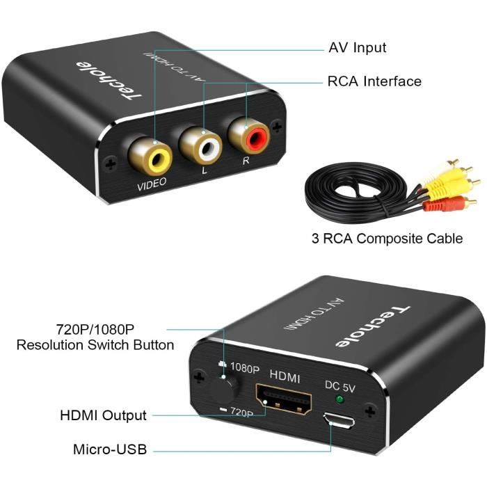 RCA vers HDMI Adaptateur Aluminium, Techole 3RCA Composite AV vers
