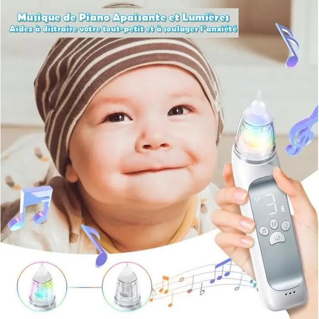 Mouche-bébé électrique Rechargeable - 5 Niveaux D'aspiration, 3 Embouts Silicone, Musique Et Lumière - 10