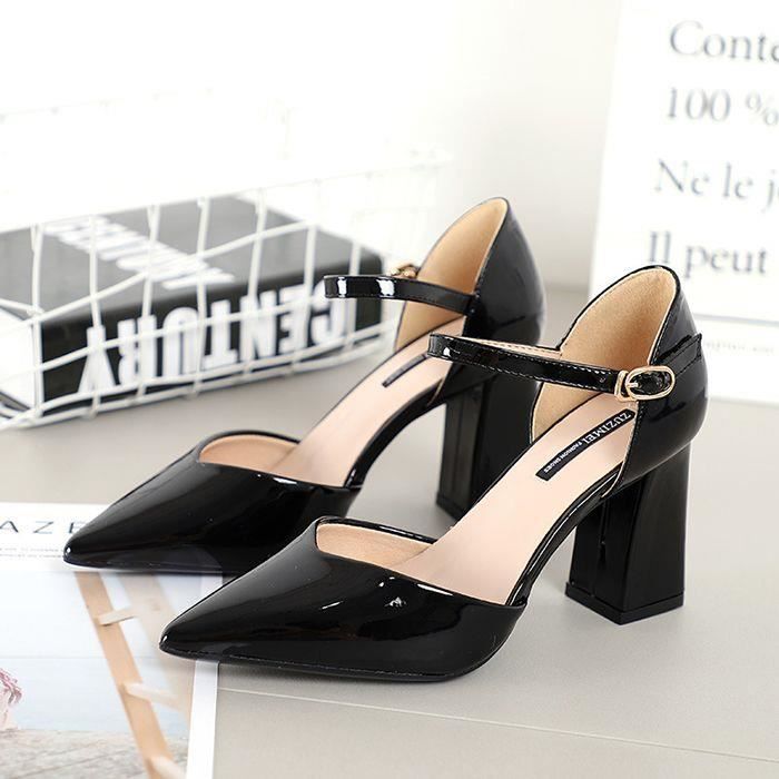 Femme Chaussures Printemps Nouvelle Bouche Peu Profonde Noir Chaussures De Travail Sauvage Talon Epais Pointuestalons Hauts Hauteur