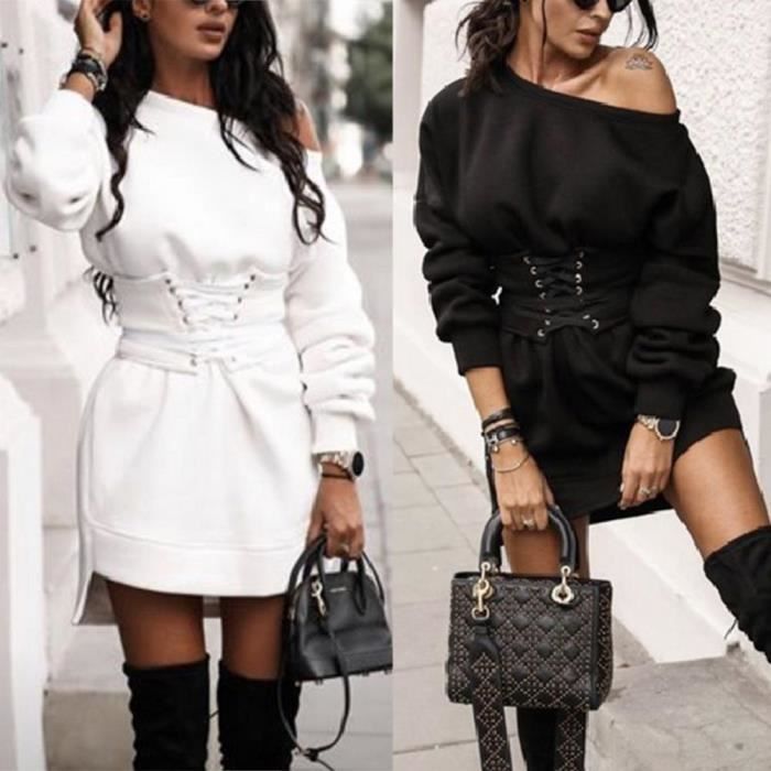 Robe Robe femmes mode automne manches longues O cou taille serr pansement sweat robe grande taille robes 2020 Type Rouge
