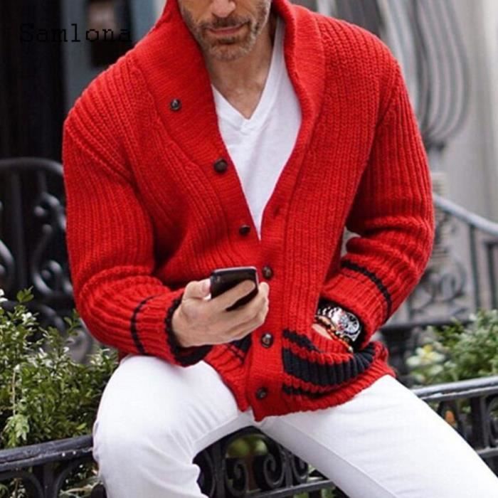 Cardigan homme tricot simple boutonnage rayures rouges chaud grande taille collection hiver Jaune Tammy