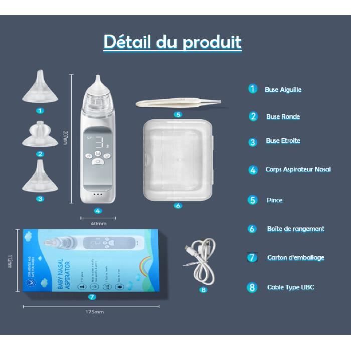 Aspirateur Nasal électrique Pour Bébé - Rechargeable Avec 4 Buses Silicone Et 3 Niveaux D'aspiration - Écran LED, Musique