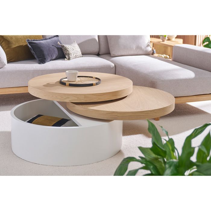 Table ronde bois noyer et plateau tournant en marbre céramique blanc