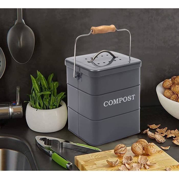 Bac à compost 3L - Bac à compost de cuisine en acier inoxydable - Composteur  de cuisine pour déchets alimentaires - Filet de charbon
