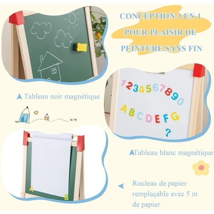 Chevalet Bois Enfant Réglable GOPLUS - Tableau Double Face Magnétique Noir Et Blanc + Papier + Accessoires - Pour 3 à 8 Ans - 6