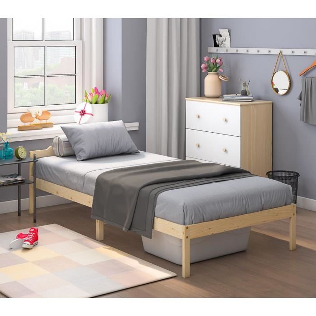 Sommiers à Lattes Tissu Noir 90x190 Cm - Cadre De Lit Adulte Enfant Ado, Montage Facile, Style Épuré Moderne