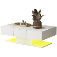 Table basse avec 2 tiroirs, finition laquée brillante, avec éclairage LED, 100 x 60 x 35 cm, Blanc