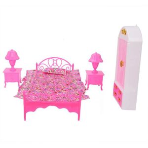 MAISON POUPÉE ZJCHAO mini lit jouet 4 pièces accessoires de maison de poupée meubles de chambre à coucher mini lit lampe de bureau garde-robe
