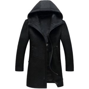 MANTEAU - CABAN Manteau Laine Homme à Capuche Mi Long Automne-Hiver Pardessus Zippé Couleur Unie - Noir