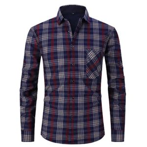 CHEMISE - CHEMISETTE Chemise Homme,Classic Chemise a Carreaux Homme en Polaire,Chemise Flanelle Homme Hiver Chaud à Manches Longues-Lignes Rouge