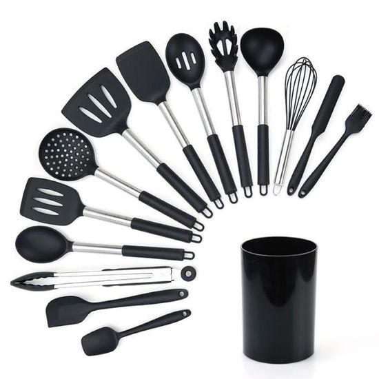 Set De 5 Ustensiles De Cuisine BIRAMBEAU - Manches En Bambou, Têtes En Silicone Effet Marbre (spatule, Louche, Cuillère à Spaghetti, Maryse, Cuillère)