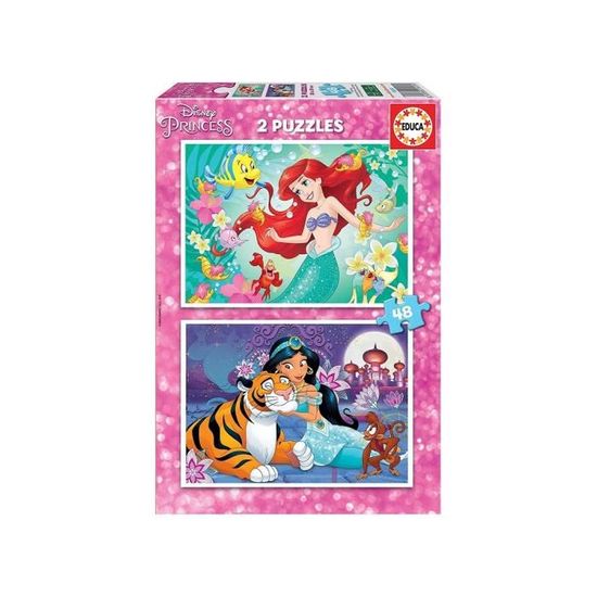 Set de 2 Puzzles Disney Princesses - Ariel et Polochon, Jasmine et Rajah - 48 pièces - Educa