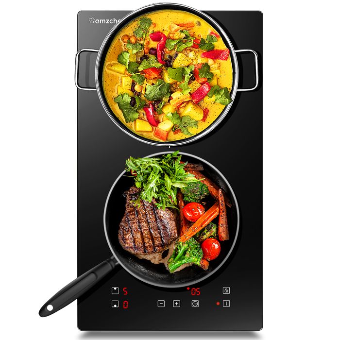 Domino double table de cuisson à induction,Amzchef plaque à induction avec cristal noir poli surface