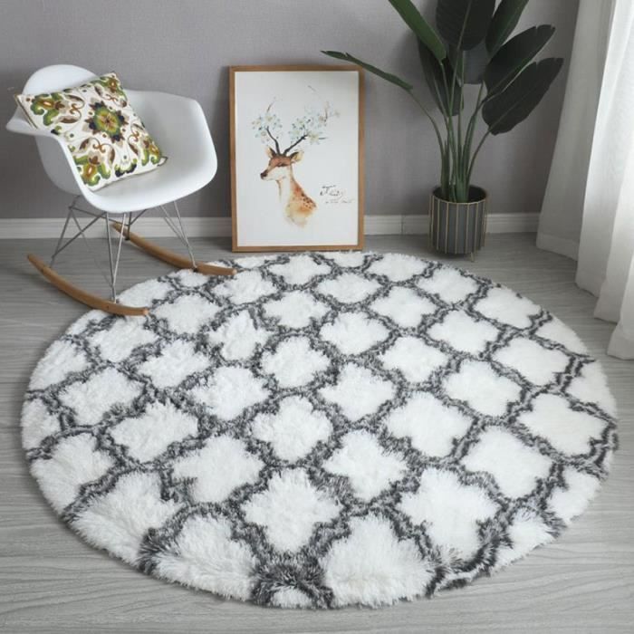 Tapis de Rond 120cm Tapis de Salon Shaggy Gris Blanc