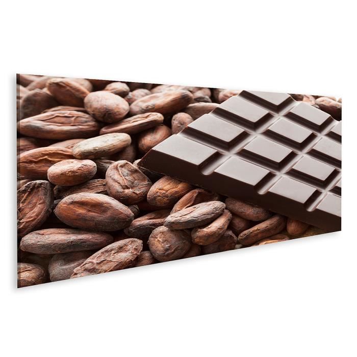 Tableau sur toile Tablette de chocolat aux fèves de cacao brutes Taille: 120x40cm - Panorama